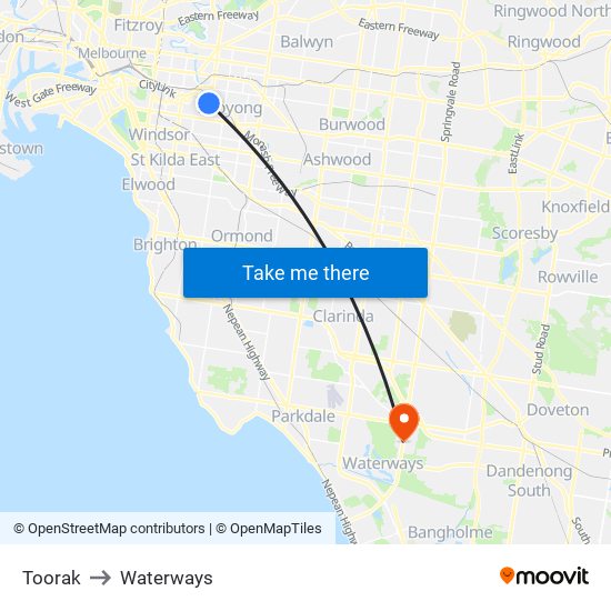 Toorak to Waterways map