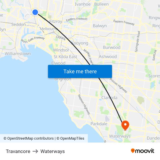 Travancore to Waterways map