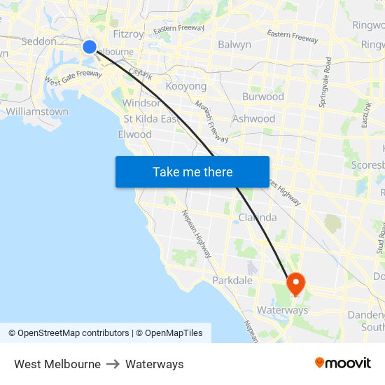 West Melbourne to Waterways map