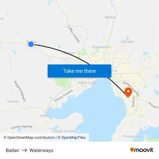 Ballan to Waterways map