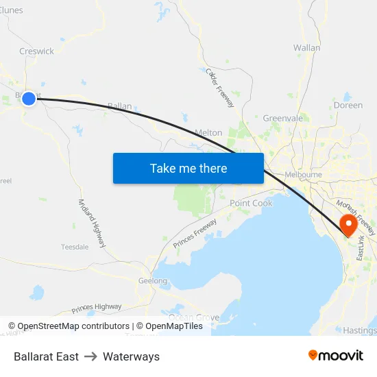 Ballarat East to Waterways map