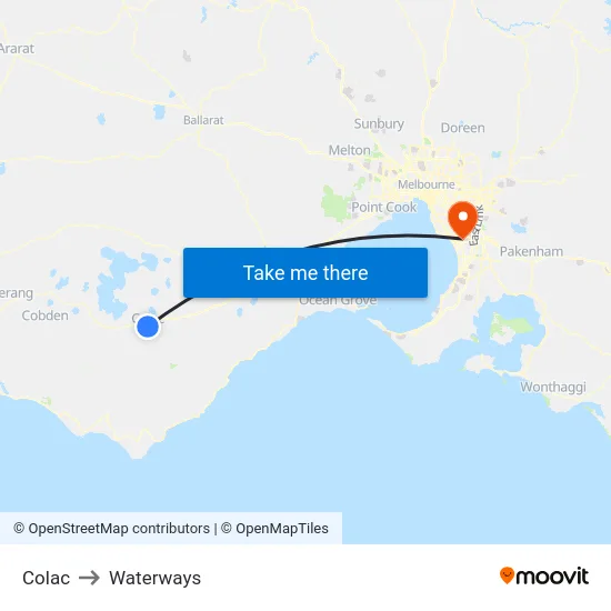 Colac to Waterways map