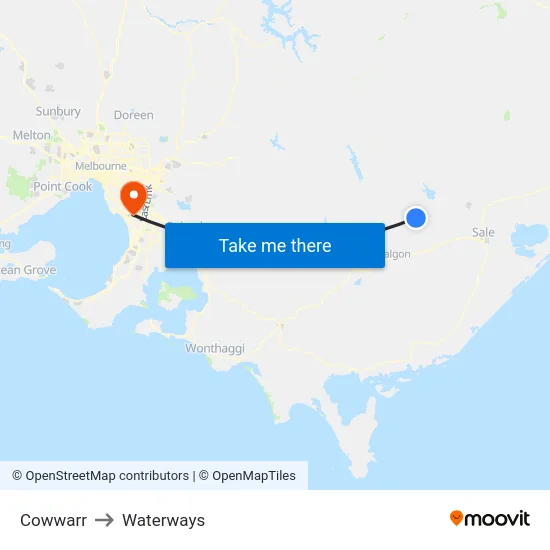 Cowwarr to Waterways map