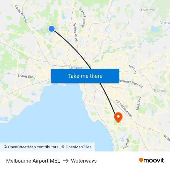 Melbourne Airport MEL to Waterways map