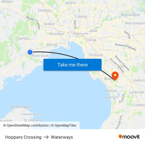 Hoppers Crossing to Waterways map