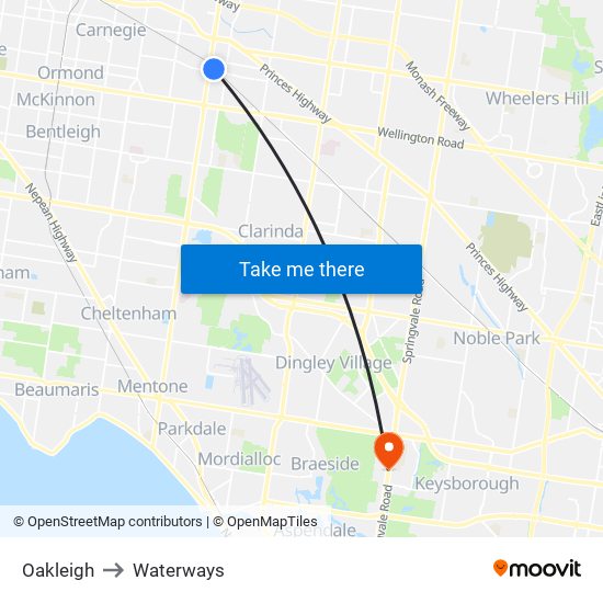 Oakleigh to Waterways map