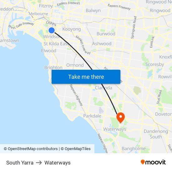 South Yarra to Waterways map