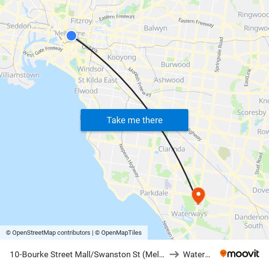 10-Bourke Street Mall/Swanston St (Melbourne City) to Waterways map