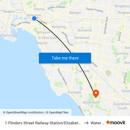 1-Flinders Street Railway Station/Elizabeth St (Melbourne City) to Waterways map