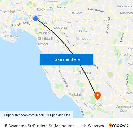 5-Swanston St/Flinders St (Melbourne City) to Waterways map