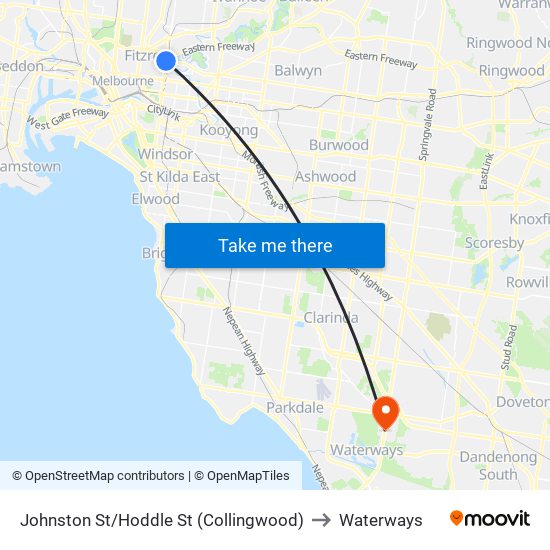 Johnston St/Hoddle St (Collingwood) to Waterways map