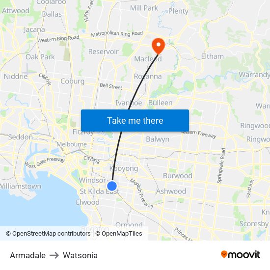 Armadale to Watsonia map