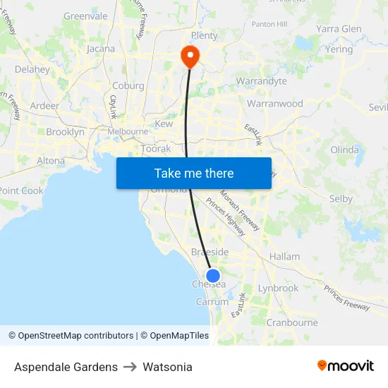Aspendale Gardens to Watsonia map