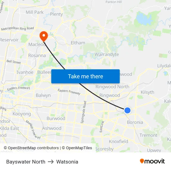 Bayswater North to Watsonia map