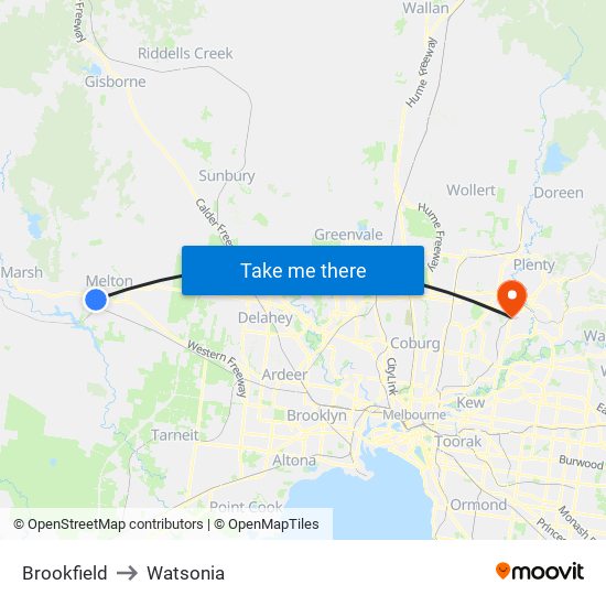 Brookfield to Watsonia map