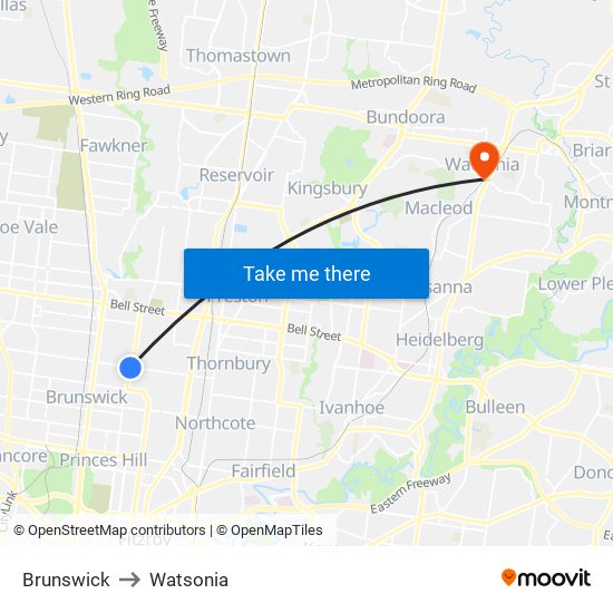 Brunswick to Watsonia map