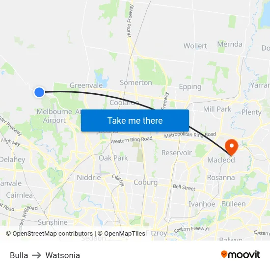 Bulla to Watsonia map