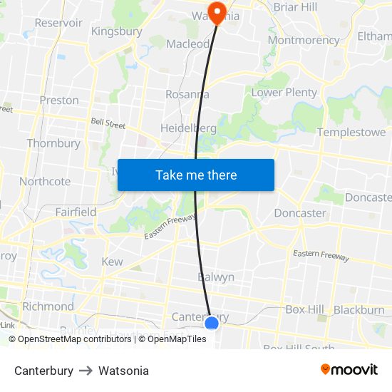 Canterbury to Watsonia map