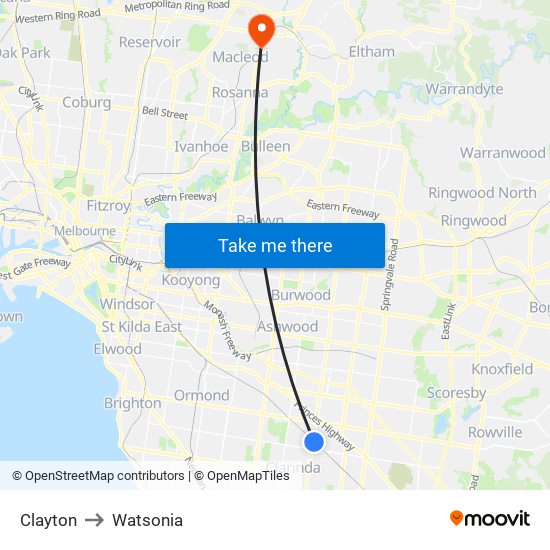 Clayton to Watsonia map