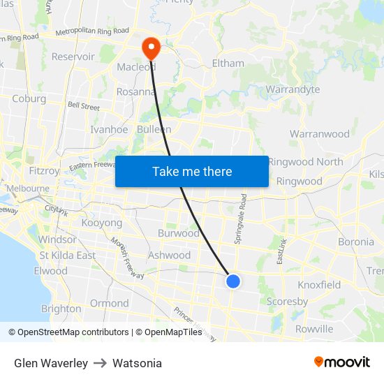 Glen Waverley to Watsonia map