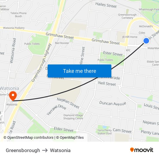 Greensborough to Watsonia map