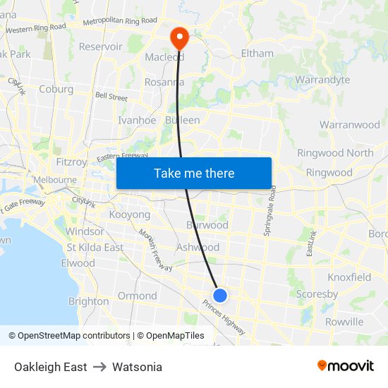 Oakleigh East to Watsonia map