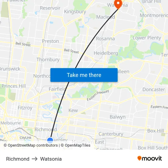 Richmond to Watsonia map