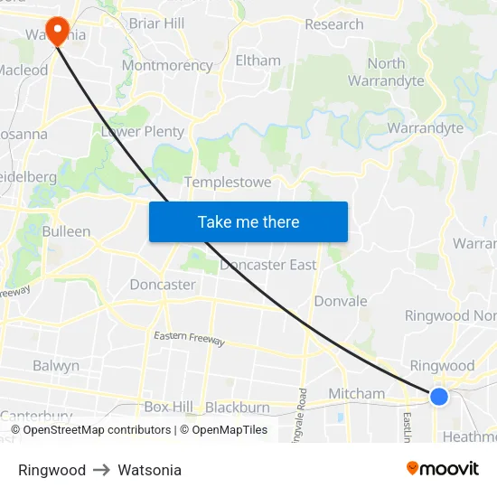 Ringwood to Watsonia map