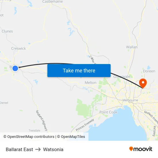 Ballarat East to Watsonia map
