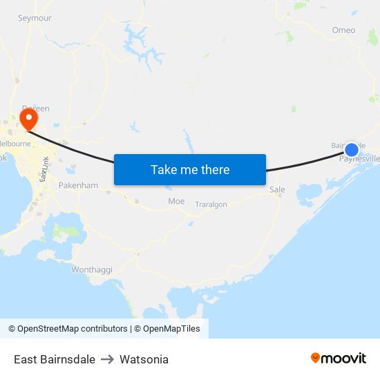 East Bairnsdale to Watsonia map