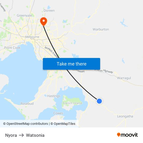 Nyora to Watsonia map