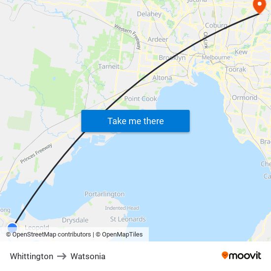 Whittington to Watsonia map