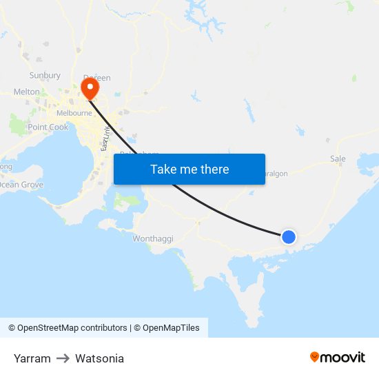 Yarram to Watsonia map