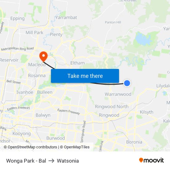 Wonga Park - Bal to Watsonia map