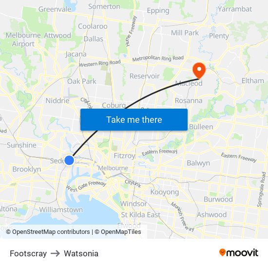 Footscray to Watsonia map