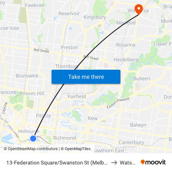 13-Federation Square/Swanston St (Melbourne City) to Watsonia map