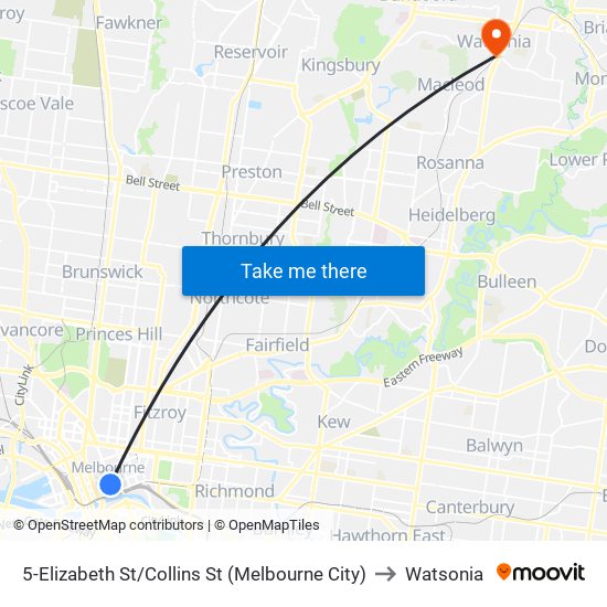 5-Elizabeth St/Collins St (Melbourne City) to Watsonia map