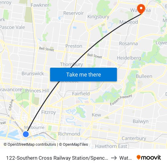 122-Southern Cross Railway Station/Spencer St (Melbourne City) to Watsonia map