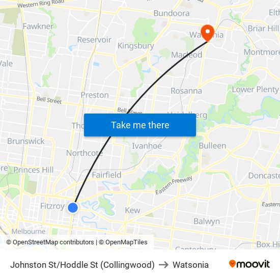 Johnston St/Hoddle St (Collingwood) to Watsonia map