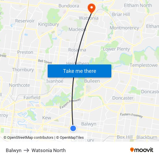 Balwyn to Watsonia North map