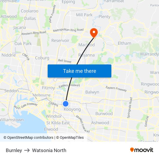 Burnley to Watsonia North map