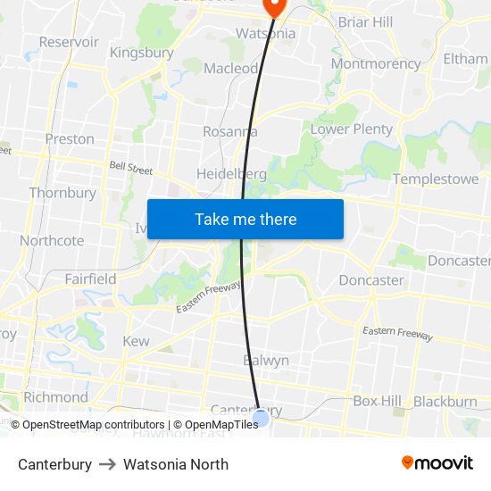 Canterbury to Watsonia North map