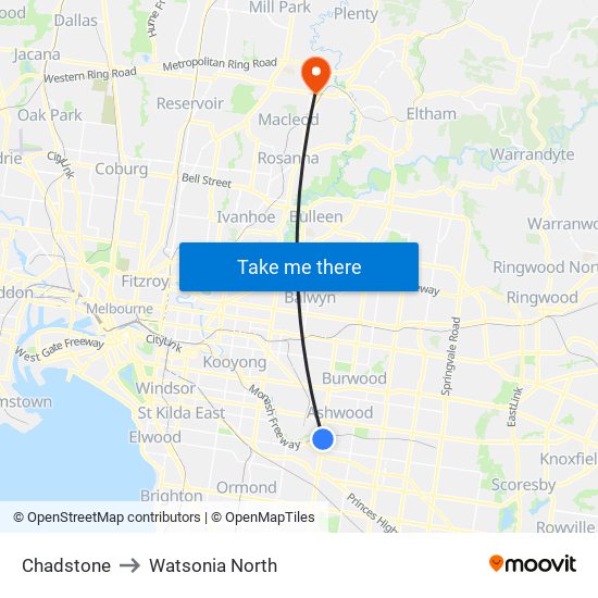 Chadstone to Watsonia North map