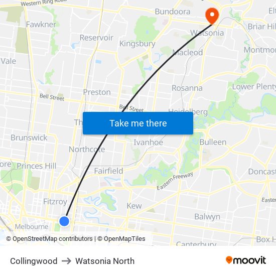 Collingwood to Watsonia North map