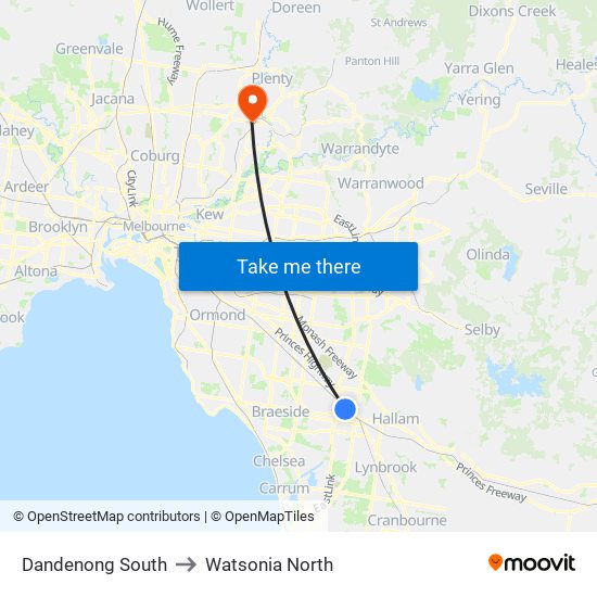 Dandenong South to Watsonia North map