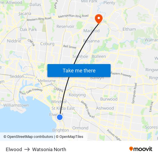 Elwood to Watsonia North map