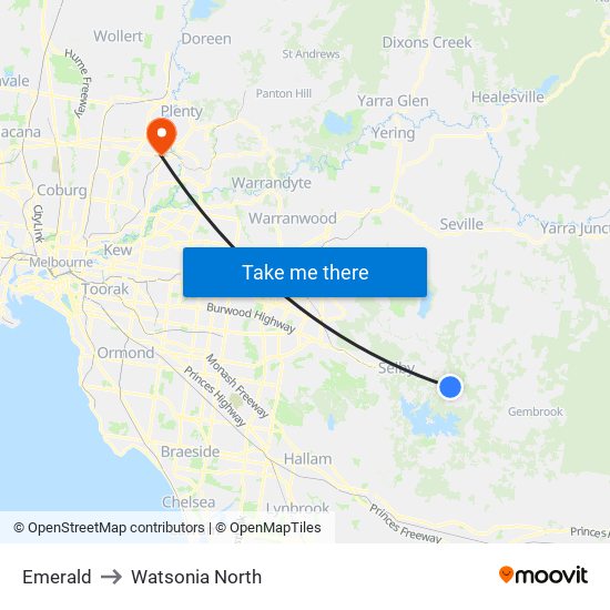 Emerald to Watsonia North map