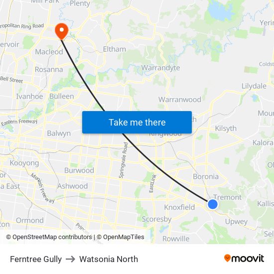 Ferntree Gully to Watsonia North map