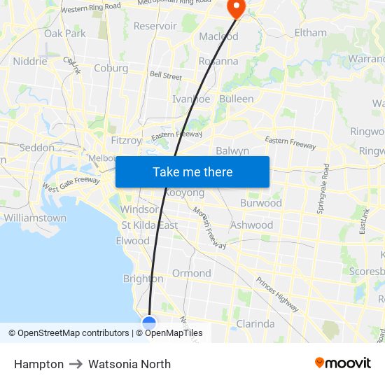 Hampton to Watsonia North map