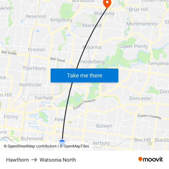 Hawthorn to Watsonia North map